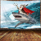 Viajar Cat Tapestry, Anime Animal Cat and Shark Wall Art, 90" x 70", Blue (Multi-color), Wave Pattern, Modern, Contemporary Style, Unframed, Waterproof, Bedroom Wall Decor