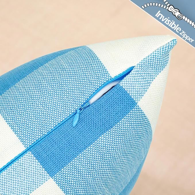 CARRIE HOME Light Blue and White Buffalo Check Plaid Lumbar Pillow Covers 12x20 Set of 2, Light Blue Checkered Summer Outdoor Lumbar Pillows, Lake Blue Couch Pillows Also for Patio Furniture