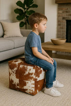 Unstuffed Premium Hair-on Leather Ottoman Pouf Cover, Boho Handmade Genuine Cowhide Square Footstool, Modern Cube Ottoman Footrest for Home Decor Living Room, Bedroom - 18X18 Inch, Tan & White