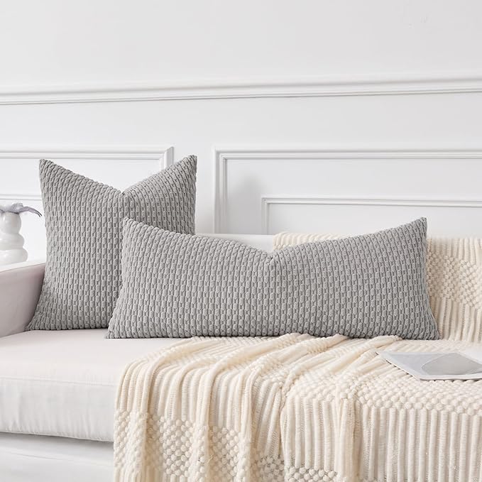 Kevin Textile 14x36 Inch Long Lumbar 1 Pack Boho Decorative Throw Pillow Cover Soft Striped Corduroy Rectangle Cushion Case Farmhouse Solid Color Accent for Living Room Couch Sofa Bed, Light Grey