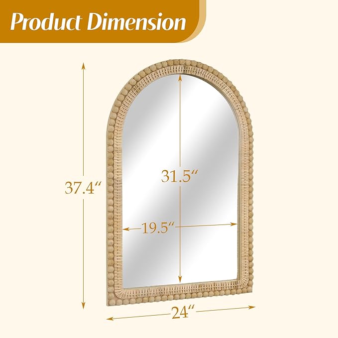 Arched Rattan Wall Mirror – 24x36 Inch Boho Elegance with Woven Frame and Wooden Bead Trim, Decorative Mirror for Bathroom Vanity Entryway Living Room