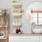 TeoKJ Over the Door Hanging Baskets with Wooden Button, 3-Tier Wall-Mounted Decorative Nursery Kitchen Baskets, White & Jute