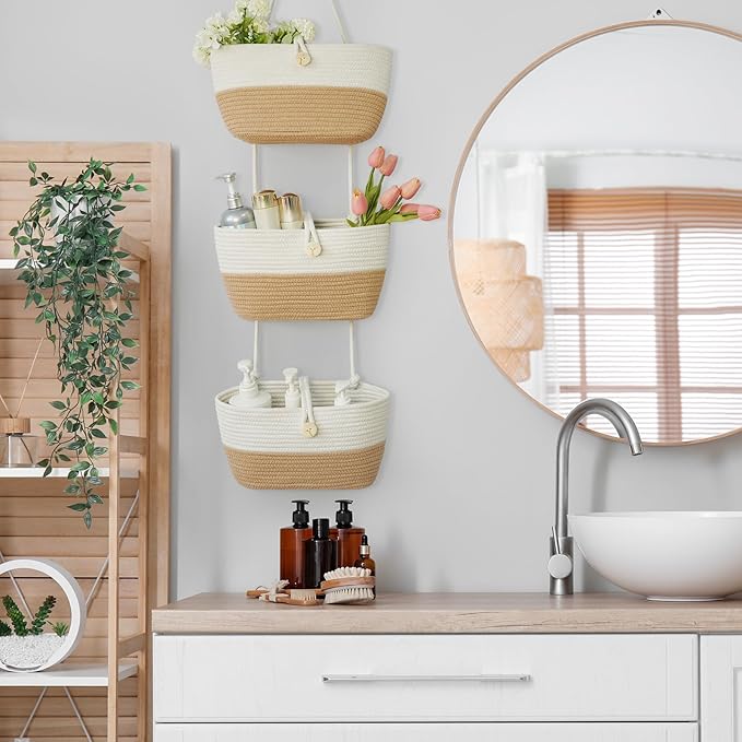 TeoKJ Over the Door Hanging Baskets with Wooden Button, 3-Tier Wall-Mounted Decorative Nursery Kitchen Baskets, White & Jute