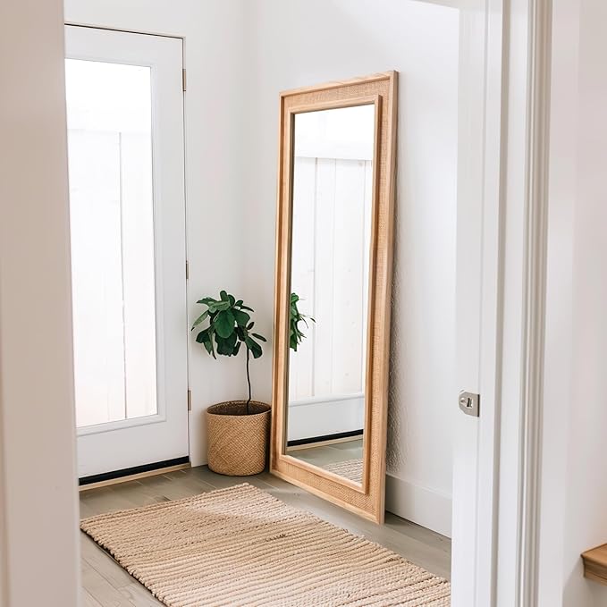 Rattan Full Length Mirror,34"x76" Long Rattan Wall Mirror,Wooden Mirror with Wicker Frame,Decorative Full Body Mirror Hanging,Farmhouse Rectangle Floor Mirror for Bathroom Living Dressing Room Nature