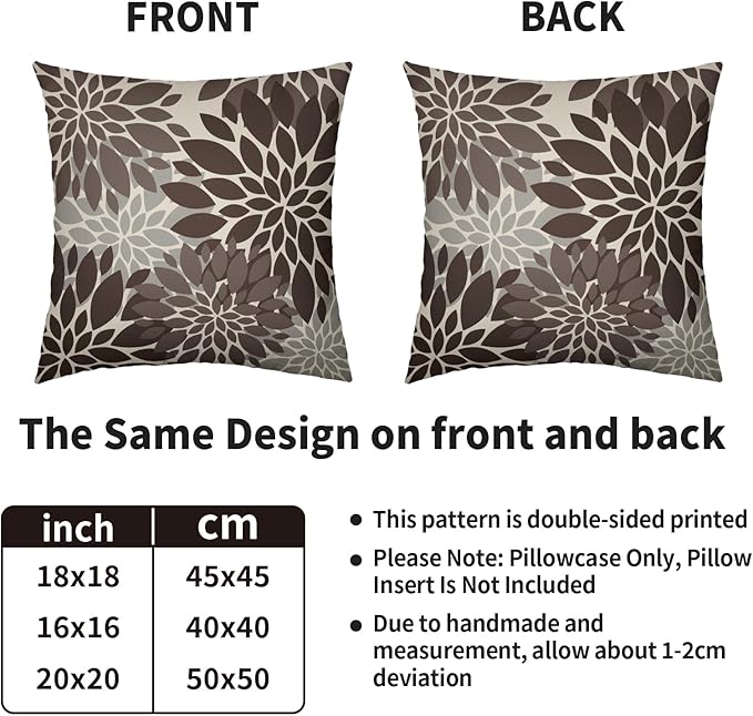 Dark Brown Grey Gray Pillow Covers 20X20 Inch Set of 2, Dahlia Flower Spring Summer Floral Cream Decorative Throw Pillow Covers Outdoor Modern Farmhouse Cushion Case for Home Couch Sofa Bed Decor