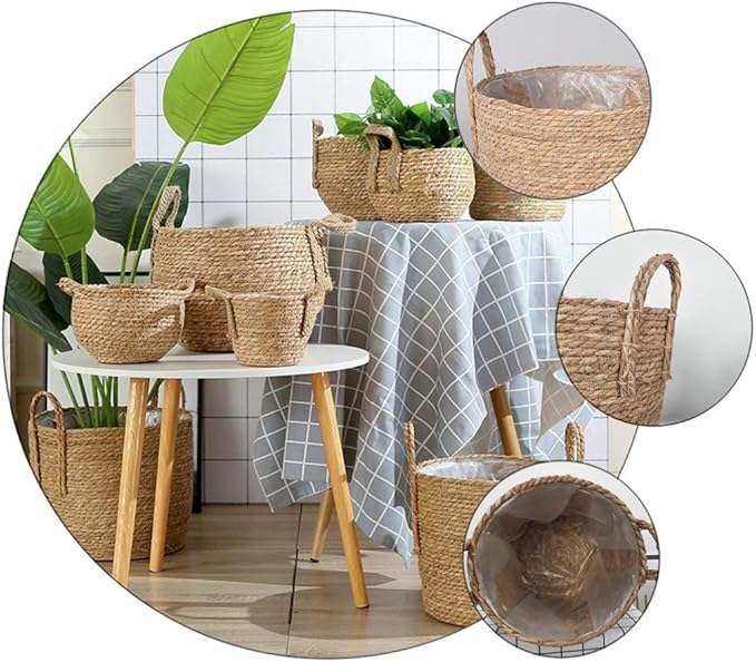 Zerodeko Flower Vase Seagrass Planter Basket Straw Plant Baskets Woven Basket Flower Plant Pot Wicker Plant Containers with Plastic Liner for Indoor Plants Laundry Room 25cm Grocery Basket