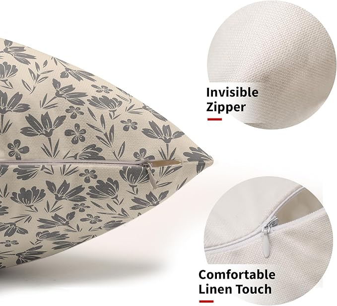 Grey Floral Pillow Covers 12x20 Set of 2 Vintage Rustic Old Style Cute Small Flower Gray Cream Print Rectangle Decorative Outdoor Pillowcases Fall Farmhouse Throw Cushion Case Couch Sofa Bed Decor