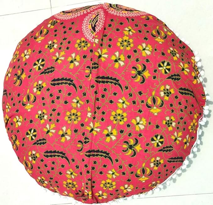 CRAFT KALA Mandala Floor Pillow Cushion Cover Seating Throw Cover Hippie Decorative Bohemian Ottoman Poufs Pom Pom Pillow Cases Boho Indian Cotton Living Room Home Décor 24" Round Set Of 2, Red Mirchi