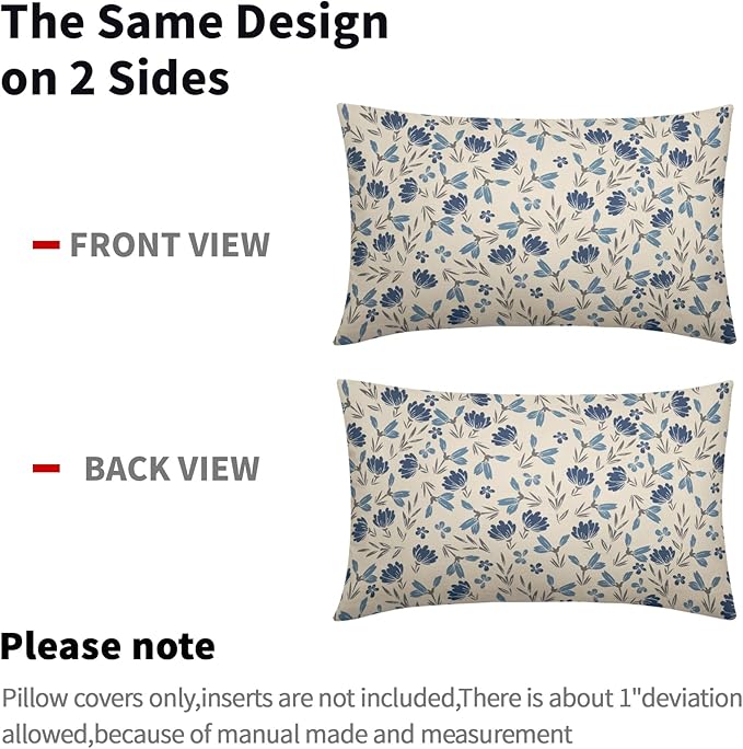 Blue Grey Gray Floral Pillow Covers 12x20 Set of 2 Vintage Rustic Old Style Cute Small Flower Print Rectangle Decorative Outdoor Pillowcases Farmhouse Throw Cushion Case Decor for Couch Sofa Bed