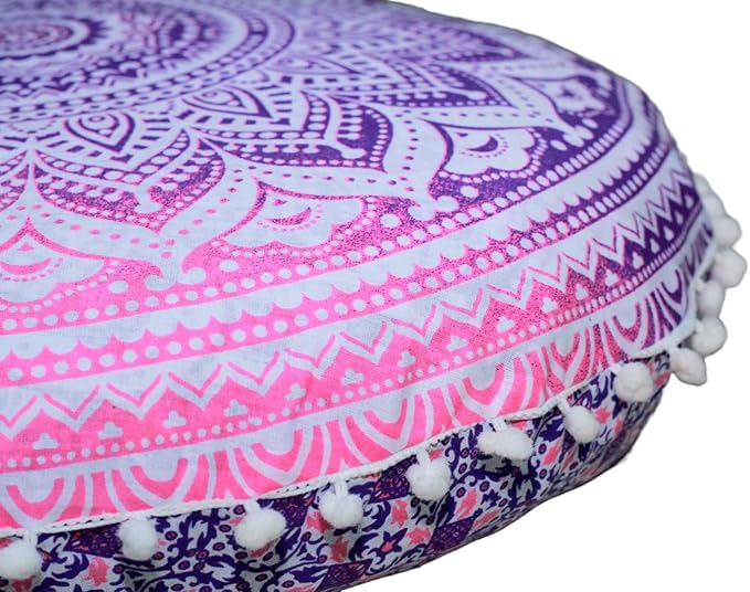 CRAFT KALA Round Mandala Boho Pillow Cover Meditation India Room Seating Poufs Cover for Living Room Yoga Room Home Décor Bedroom Balcony Garden Decoration Cotton Floor Cushion Cover (22", Pink Ombre)