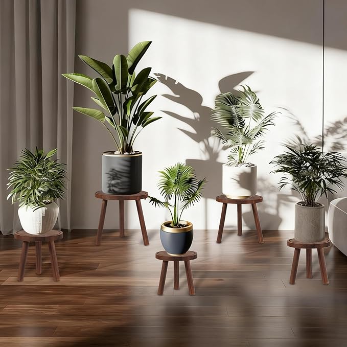 4-Pack Wood Plant Stands Indoor Outdoor, Heavy Duty 6-12 Inch Flower Pot Holder Stand, Natural Camphor Pine Wood Modern Large Plant Stool for Multiple Potted Plants, Home Office Garden & Bar Decor