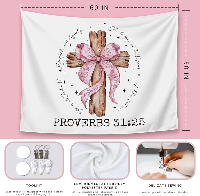 LIANGW Coquette Pink Bow Christian Tapestry Wall Hanging, Coquette Preppy Room Decor, Proverbs 31 Woman Gifts, Bible Verse Wall Blanket Decor for Girls Room Dorm Apartment, 50x60 Inch