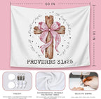 LIANGW Coquette Pink Bow Christian Tapestry Wall Hanging, Coquette Preppy Room Decor, Proverbs 31 Woman Gifts, Bible Verse Wall Blanket Decor for Girls Room Dorm Apartment, 50x60 Inch