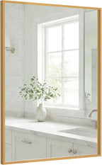 24''x36'' Gold Bathroom Mirror | Antique Brass Deep-Set Recessed Metal Frame | Heavy-Duty Rectangular Wall Mirror | Traditional Mantel & Bedroom Decor