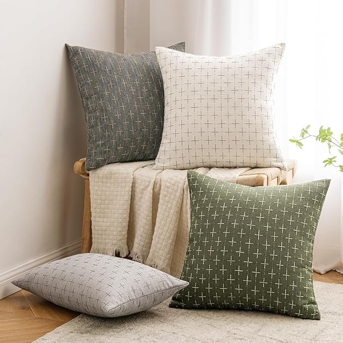 MIULEE Pack of 2 Decorative Vintage Burlap Linen Spring Throw Pillow Covers Modern Farmhouse Pillowcase Rustic Woven Textured Cushion Cover for Sofa Couch Bed 16x16 Inch Olive Green