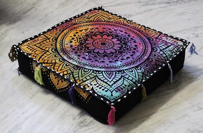 ICC Large Square Cotton Mandala Cushion Cover Hippie Ottoman Pouf Cover Daybed Floor Pillow Cover with Heavy Duty Zipper Seating Ottoman Poufs Dog-Pets Bed (Multi Flower, 18" Square)