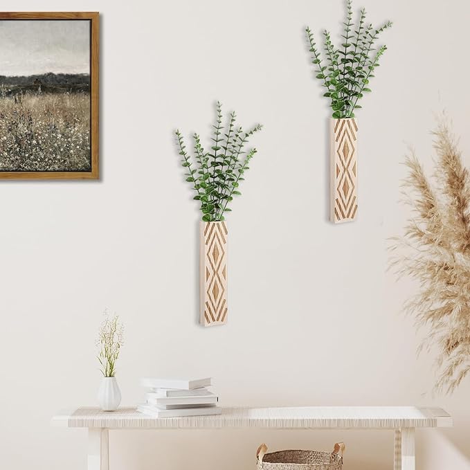 Wall Planter for Indoor Plants, 2 Pack Geometric Hanging Planter, Wood Wall Vase for Decor Artificial Flower Plants, Boho Wall Decor for Living Room, Bedroom (Light Color)
