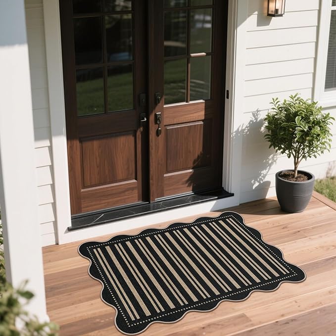 Striped Easy Jute Entryway Rug, 2x3 Black Indoor Outdoor Doormat, Washable Small Kitchen Rug Non Slip Farmhouse Scalloped Rugs for Front Door Entrance Bathroom