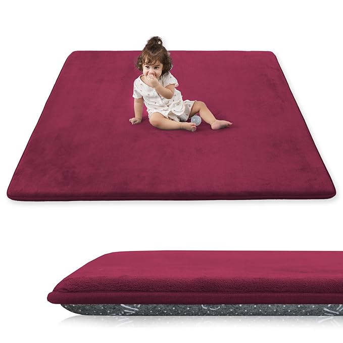 1.3" Thick Baby Play Mat for Floor, 79x79 Playpen Mat, Pro Soft Flannel Foam Mats Toddler Infant Kids Crawling for Nursery Rug Playroom Living Room Waterproof Easy Care Non-Slip (Burgundy)