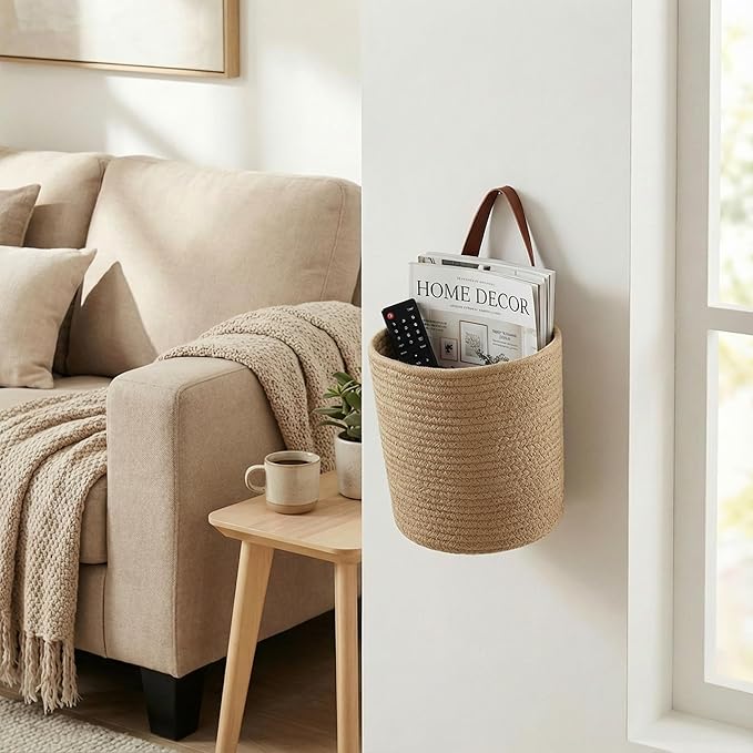 2Pack Natural Jute Hanging Baskets 7 * 8 in, Round Woven Wall Decor & Storage Planter for Plant Decor and Home Organization,Walls Basket for Bedroom, Living Room, Bathroom,Boho Decor (Jute)