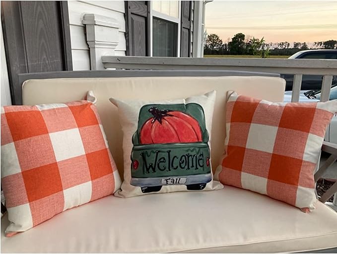 VAKADO 24x24 Inch Set of 2 Farmhouse Retro Buffalo Check Plaids Throw Pillow Covers Decorative Cotton Linen Rustic Autumn Fall Thanksgiving Cushion Cases Home Decor for Patio Bed Couch, Orange White
