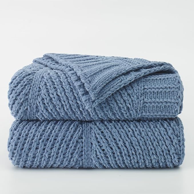 Amélie Home Chevron Chenille Knit Throw Blanket for Couch Bed, Classic Texture Decorative Soft Blanket for Sofa, Chair & Bedroom, 50"x60", Blue
