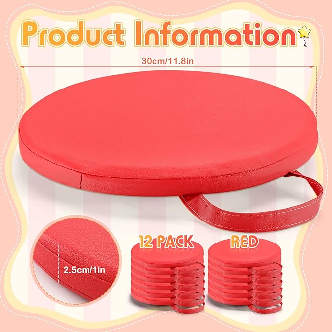 Suzile 12 Pcs 12'' Floor Cushions for Classroom Flexible Floor Seating with Handles Classroom Carpet Cushions for Kids Toddlers Daycare Preschool Furniture(Red,Round)