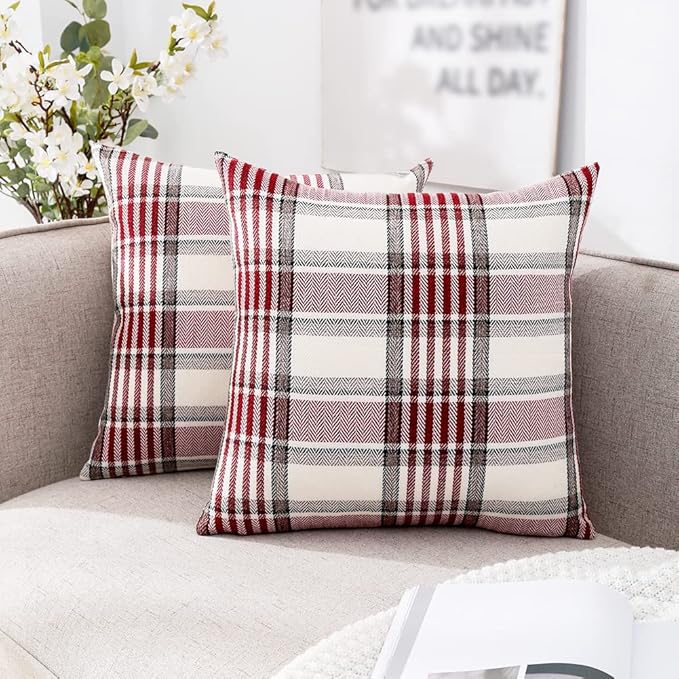 CARRIE HOME Red Christmas Euro Pillow Covers 26x26 Set of 2, Winter Christmas Holiday Red Farmhouse Buffalo Plaid European Pillow Covers 26 x 26 for Livingroom Couch Sofa