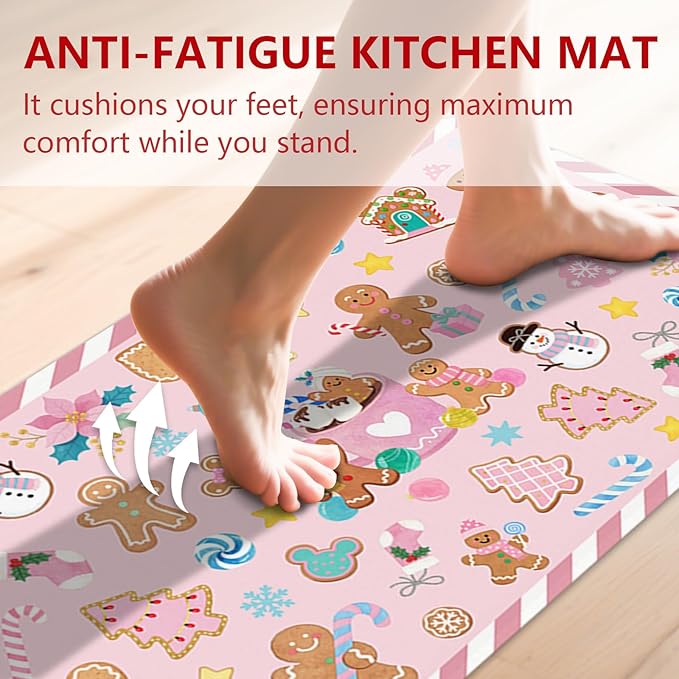 Gingerbread Man Candy Cane Christmas Rugs for Kitchen Floor, Mats for Kitchen Floor Non Slip, 2PCS Rubber Kitchen Mat, Washable Cushioned Runner Carpet Rug for Sink Laundry 15.7"×27.5" +15.7"×47" Pink
