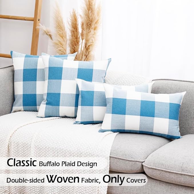 CARRIE HOME Light Blue and White Buffalo Plaid Summer Outdoor Pillow Covers 18x18 Set of 2, Light Blue Checkered Decorative Couch Pillows, Lake Blue Front Back Porch Decor Throw Pillows (No Inserts)