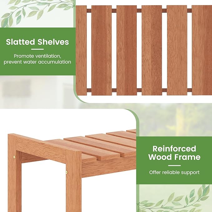 Giantex 3-Tier Plant Stand Indoor, Solid Wood Flower Pot Display Rack w/ Slatted Shelves, Take Oil Finish Bookshelf Shoe Rack, Indoor Outdoor Storage Shelf for Patio Garden Balcony Home Living Room Entryway