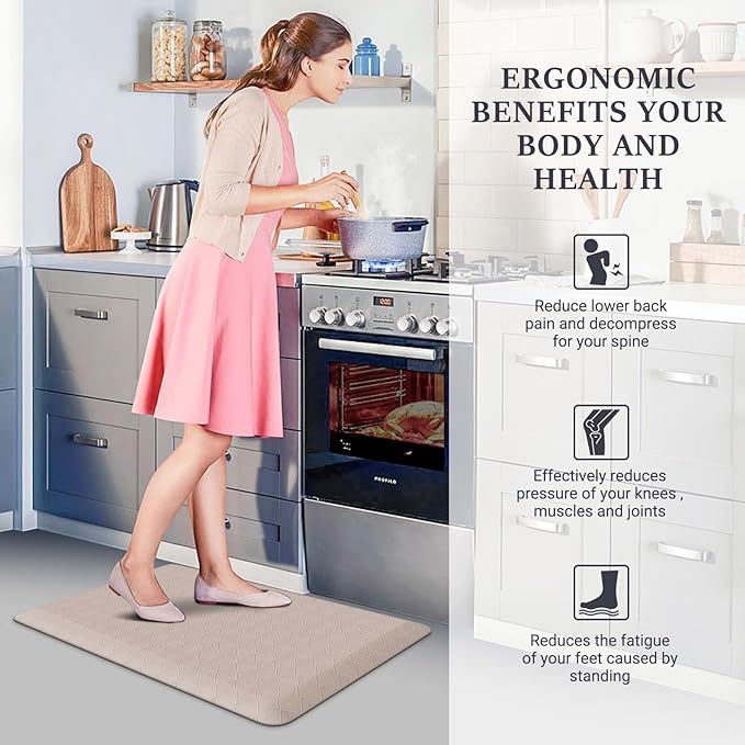 HappyTrends Kitchen Runner Rugs Anti-Fatigue mats - 4/5 Inch Thick Non Slip Waterproof Ergonomic Comfort Mat for Kitchen, Floor Office, Sink, Laundry (17.3"x 28",Khaki)