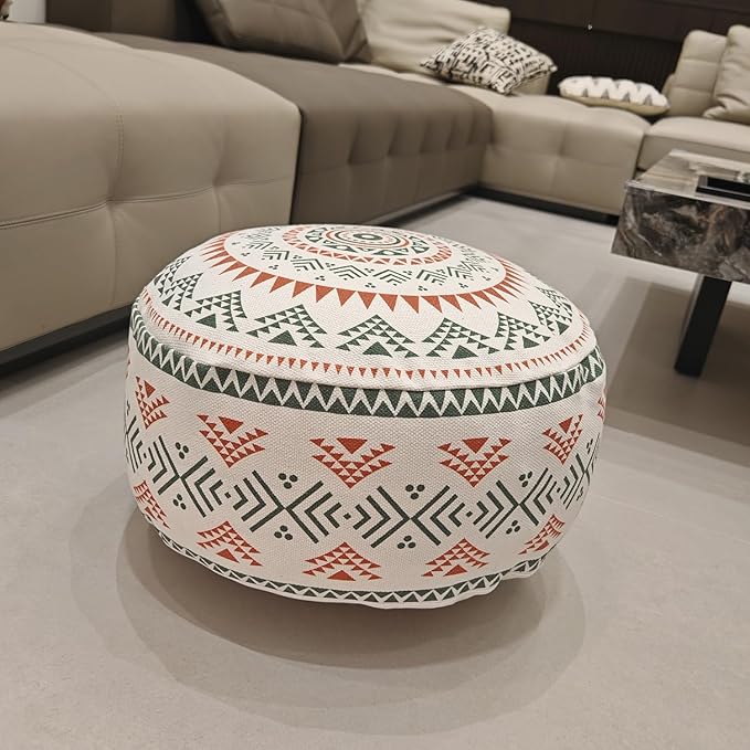 MOCOFO Unstuffed Round Pouf Cover - Boho Geometric Ottoman Footstool Cover with Handle, Tribal Fabric Floor Cushion Storage Bag for Living Room, Bedroom, Nursery (Sage Green/Terracotta)