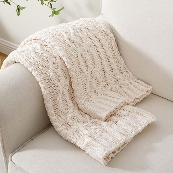 Battilo Cream White Ivory Throw Blanket for Couch, 51x 67 Inch, Woven Chenille Knit Throw Blanket for Chair, Super Soft Warm Decorative Textured Throw Blanket for Bed, Sofa and Living Room.