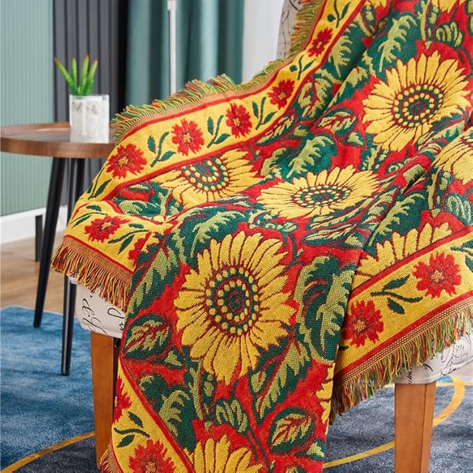 Red Sunflower Throw Blanket with Fringe Boho Throw Blankets Recliner Chair Couch Sofa Cover Woven Reversible Cotton Bohemian Tapestry Hippie Room Home Decor Double Side 70"x90"