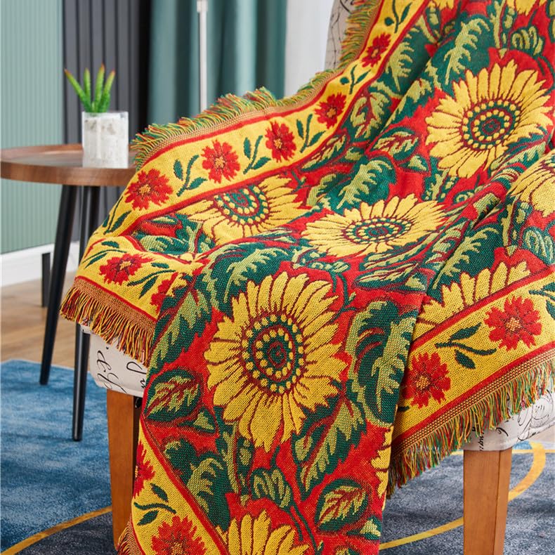 Red Sunflower Throw Blanket with Fringe Boho Throw Blankets Recliner Chair Couch Sofa Cover Woven Reversible Cotton Bohemian Tapestry Hippie Room Home Decor Double Side 70"x90" - color: Red Sunflower, size: 70x90inch