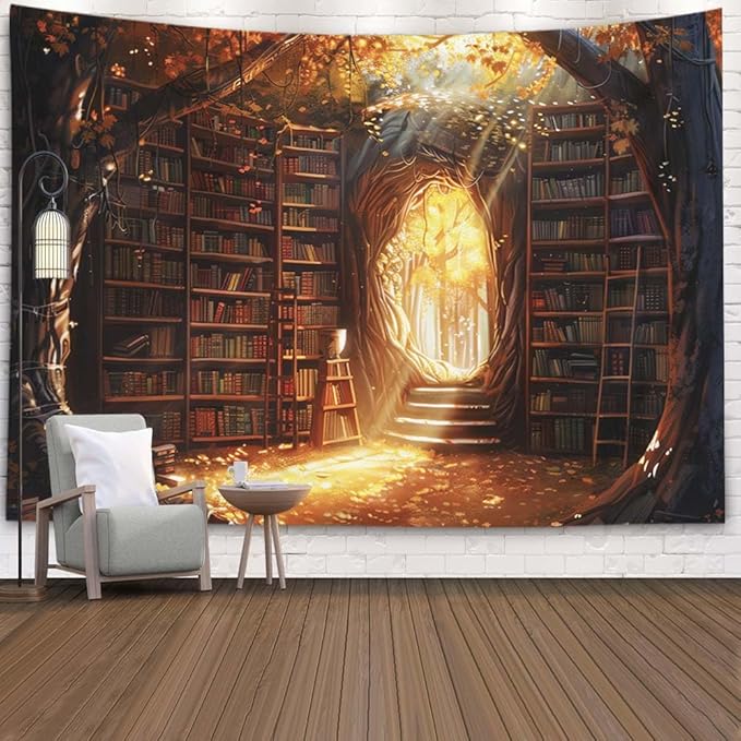 EMMTEEY Enchanting Library Wall Tapestry 80X60 Inch - Fairytale Bookshelf Wall Decor for Living Room Fantasy Medieval Backdrop for Dorm Classroom