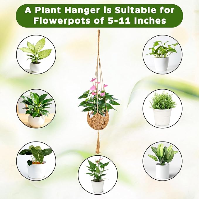 6 Pack Hand-Woven Macrame Plant Hanger - Hanging Plant Holder with 12 Hooks for Indoor Green Plant Hanging and Bohemian Style Home Decor (Brown)