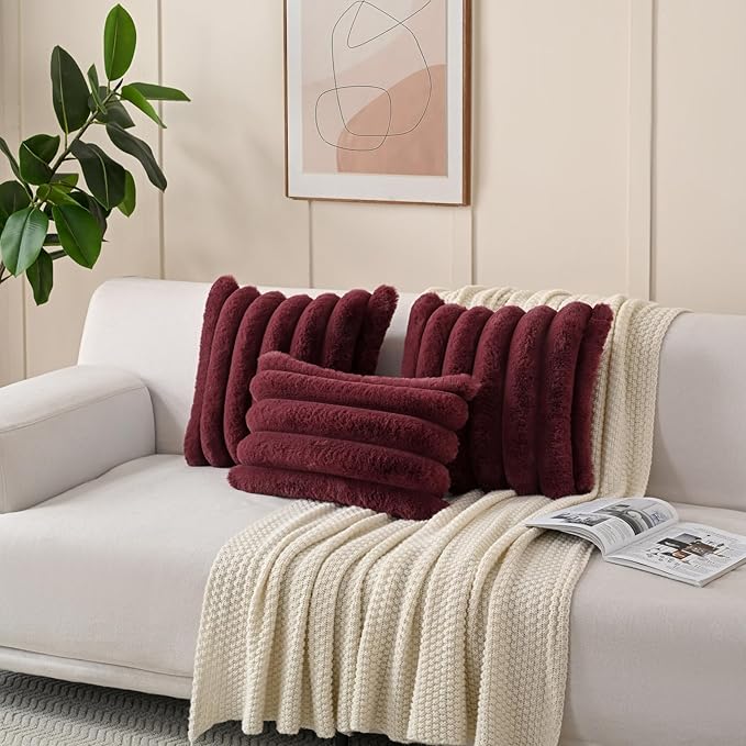 FUTEI Burgundy Decorative Throw Pillow Covers 12x20 Inch Set of 2, Square Soft Faux Rabbit Fur Thick Striped Lumbar Pillow Case,Spring Home Decor for Couch Bed Living Room