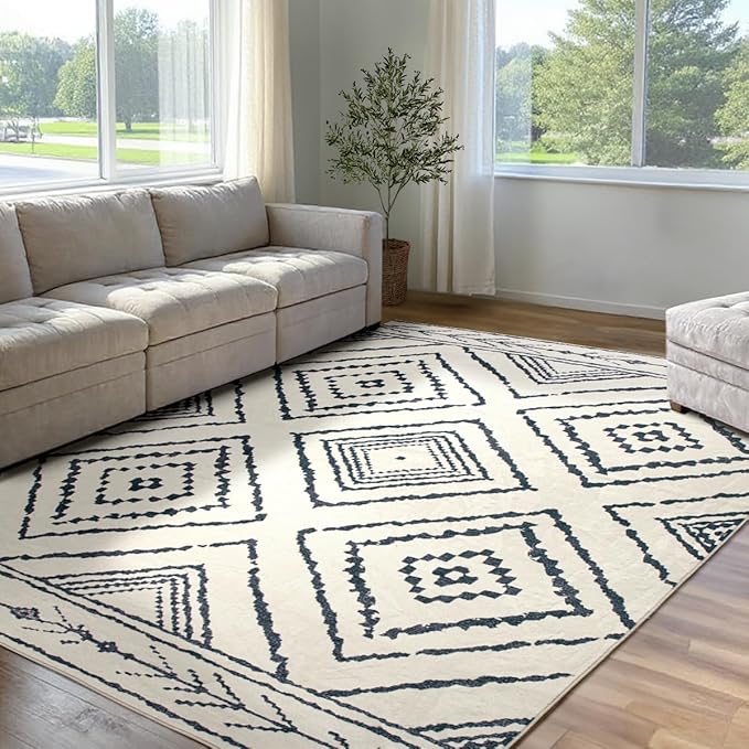 Area Rug 6x9 Rug Machine Washable Non-Slip Low Pile Print Pattern Western Rug for Living Room Bedroom Entryway Tribal Series -Navywhite/Black