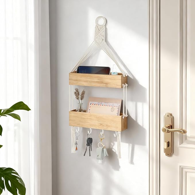 Mkono Macrame Hanging Shelf for Bedside Shelf Organizer with Hooks, Boho Wall Decor Cute Wood Floating Shelves for Girls Bedroom Dorm Nursery, Wall Storage for Phone, Remote, Earphone, Accessories