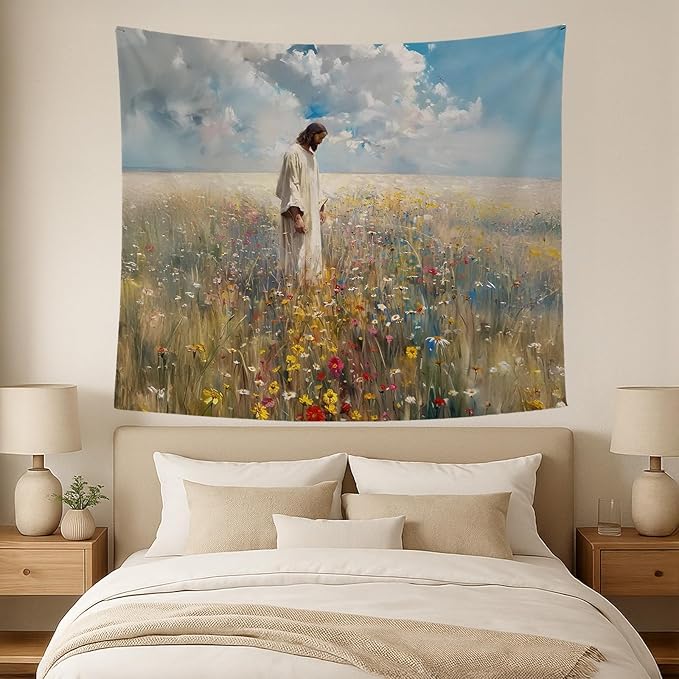 bitCNY Jesus Walking in Wildflower Field Tapestry – Christian Wall Art, Spiritual Home Decor, 50x60 Inch Fabric Hanging for Living Room Bedroom