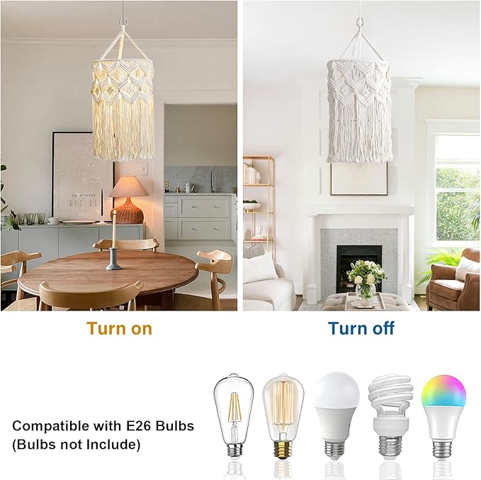 Bioaqua Boho Lamp Shade,Macrame Pendant Light Shade, Handmade Boho Light fixtures Hanging Lights with Plug in Cord,Boho Hanging Lamp for Living Room Bedroom(Type 2)