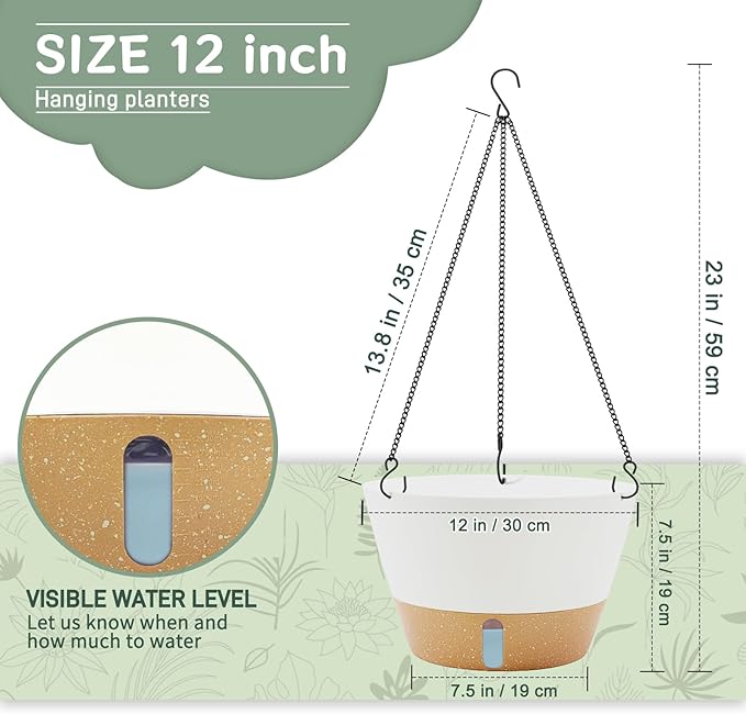 ZMTECH 2 Pack 12 Inch Hanging Planters for Indoor Plants, Large White Self Watering Hanging Planter with Visible Water Level Window & Removable Tray, Modern Flower Pots for Outdoor Patio