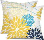 Yellow and Dark blue Floral Pillow Covers 18x18 Set of 2 Outdoor Waterproof Decorative Throw Pillows Summer Pillow covers Polyester Cushion Case Decor for Couch Patio Funiture Garden Porch 011B18
