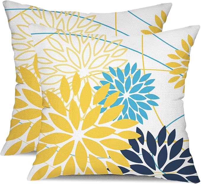 Yellow and Dark blue Floral Pillow Covers 18x18 Set of 2 Outdoor Waterproof Decorative Throw Pillows Summer Pillow covers Polyester Cushion Case Decor for Couch Patio Funiture Garden Porch 011B18