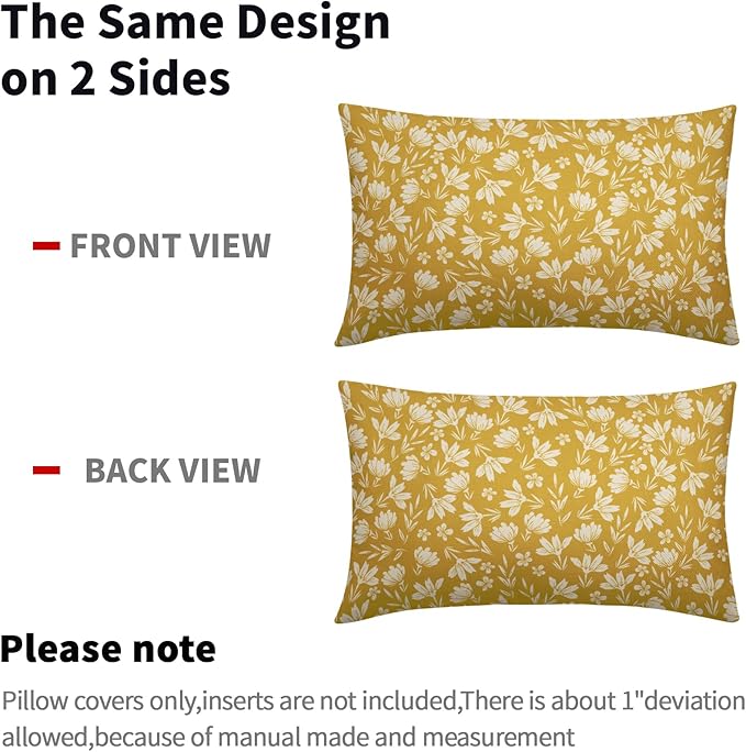 Yellow Pillow Covers 12x20 Set of 2 Vintage Floral Rustic Old Style Cute Flower Print Rectangle Decorative Outdoor Pillowcases Seasonal Farmhouse Throw Cushion Case Couch Sofa Bed Decor