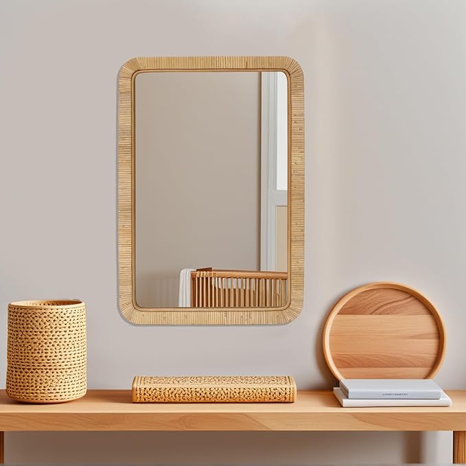 FUIN 20" x 30" Rattan Wicker Rectangle Wall Mounted Bathroom Mirror for Coastal Boho Nursery Decor, Natural