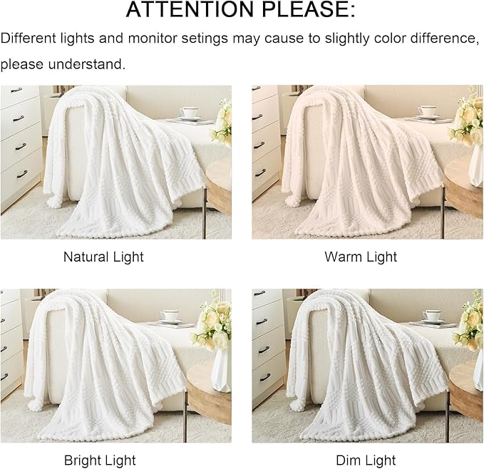 lifein Throw Blanket for Couch-White Boho Throw Blanket, Cream Soft Fleece Plush Lightweight Blankets&Throws for Spring, Fuzzy Decorative Blankets for Livingroom Bed Sofa Chair (60x80, White)