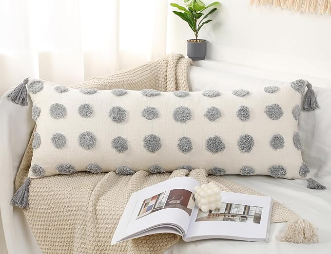 PANOD Decorative Long Lumbar Pillow Cover 16x36 Boho,Super Soft Chenille Extra Long Lumbar Pillow Case Cover with Tassel for Bed Sofa Couch Farmhouse Livingroom,Grey,Modern Skinny